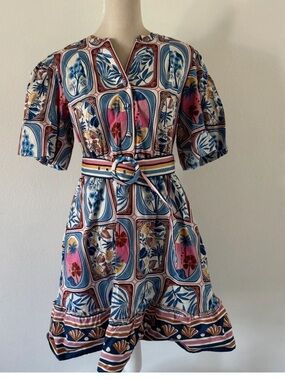 NWT Joie Colorful Botanical Print Belted Puff Sleeve Dress, with pockets, Size 6